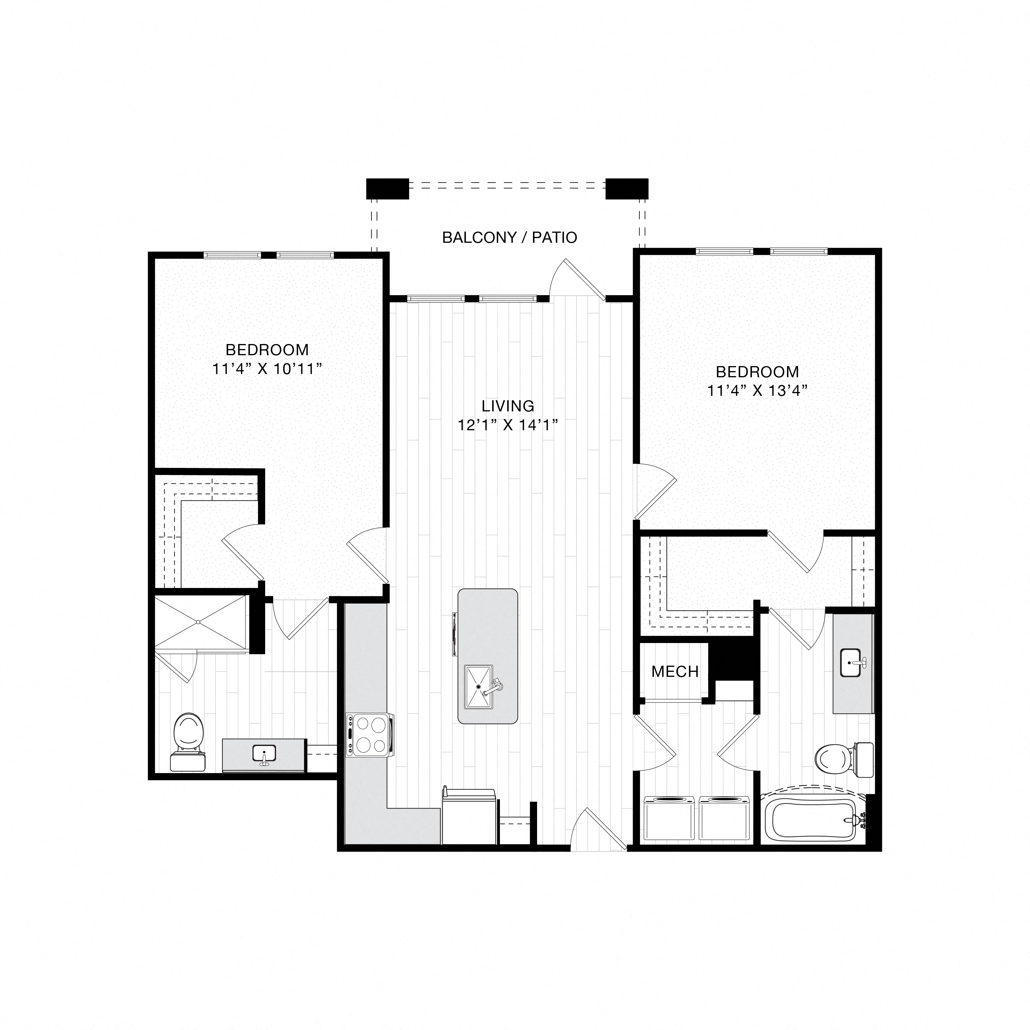 Floor plan for 2 beds, 2 baths, 1054 sqft